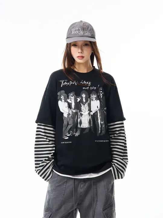 ストライプ柄長袖Tシャツ【春季・ストリートスタイル・ゆったりフィット】