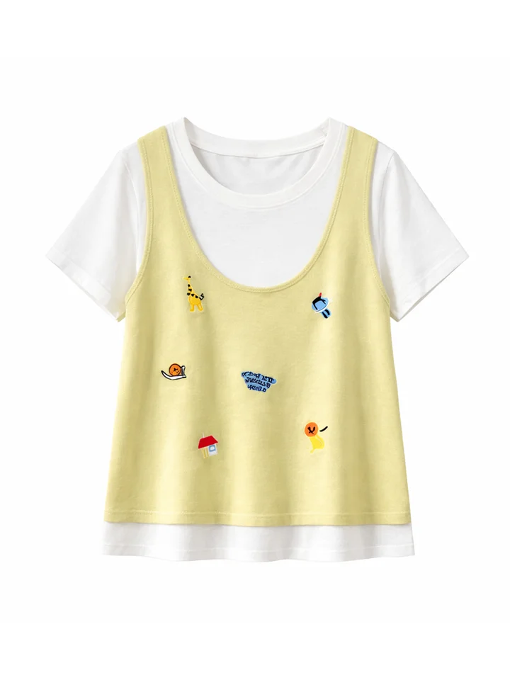 大きいサイズのアイスシルク風刺繍ショートスリーブTシャツ【薄手・ゆったり・スタイルアップ】（セットアップ対応）