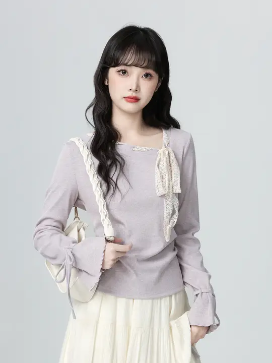 斜め襟デザインの長袖Tシャツ【紫・リボン付き・ウエストシェイプ・秋用】