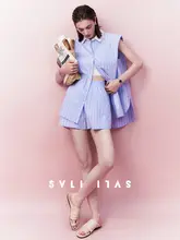 ストライプ柄カラーコンビノースリーブシャツ【ベ shellボタン・涼感・ゆったりサイズ・夏用】（セットアップ対応）