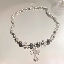 ビンテージ風 ビーズクロスネックレス【ユニセックス・シンプルで上品】