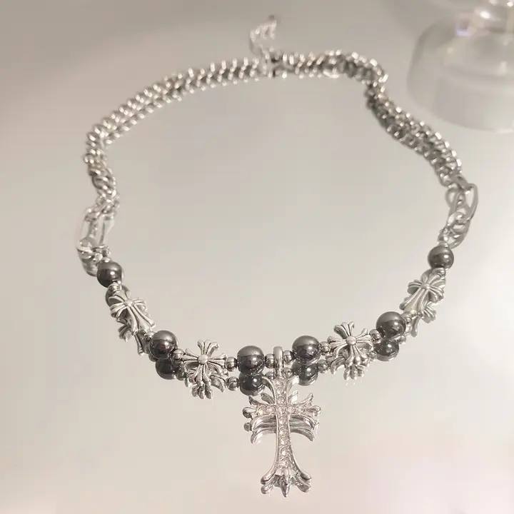 ビンテージ風 ビーズクロスネックレス【ユニセックス・シンプルで上品】