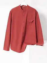 搭念 ワインレッド ヘンリーネック 長袖シャツ【レトロスタイル・シンプルデザイン・秋用】