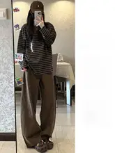 ブラウンのワイドレッグデニムパンツ【ハイウエスト・フィット・ストレートデザイン】（セットアップ対応  ）