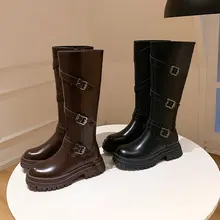 厚底粗ヒールのロングブーツ【ファッショナブル・膝上丈・女性用】（セットアップ対応）