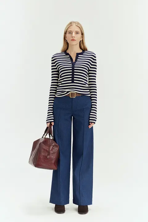 MsDidion 竹節模様の高腰ストレートデニムパンツ【秋用・コットンブレンド・ミディアムフィット】