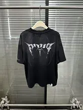 水洗い加工のロゴ入り短袖Tシャツ【ダメージデザイン】