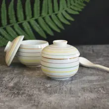 ミニ蒸し卵用陶器カップ【ストライプデザイン・蓋付き・スプーン付き・子供用】