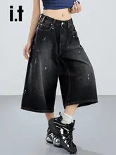 レトロなペンキ飛び散りデザインの七分丈ワイドデニムパンツ【ゆったりシルエット・デザイン性あり】