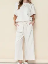 夏用 レディースカジュアルセットアップ【ゆったりした質感・シンプルな短袖Tシャツ・薄手のロングパンツ】（セットアップ対応）
