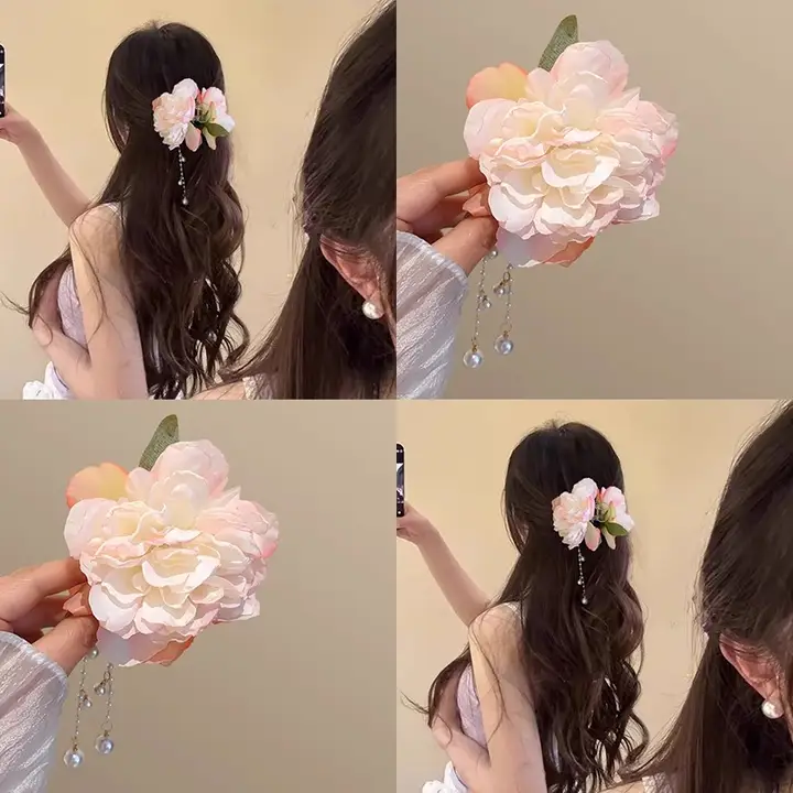 おしゃれな花とパールのフリンジ付きサメクリップ【華やかさ満点・後頭部用・髪まとめ器】