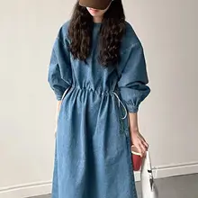 春季レトロスタイルのデニムワンピース【ラウンドネック・ウエストマーク・大きなフレア】