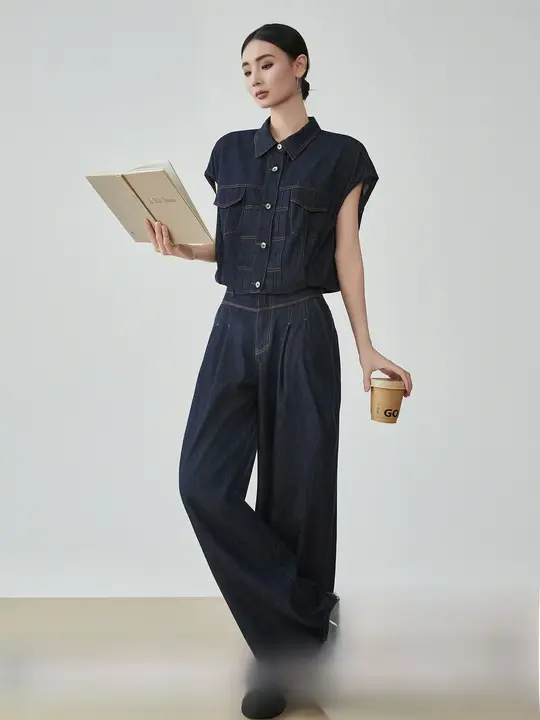 アメリカンヴィンテージデニムジレ【ルーズフィット・シングルボタン・ワイドレッグパンツ・カジュアルスタイル】（セットアップ対応）