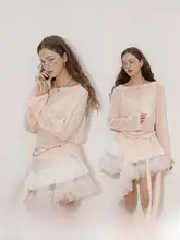 ピンクのリボンデザイン長袖Tシャツ【秋用・透け感・ルーズフィット・オフショルダー】