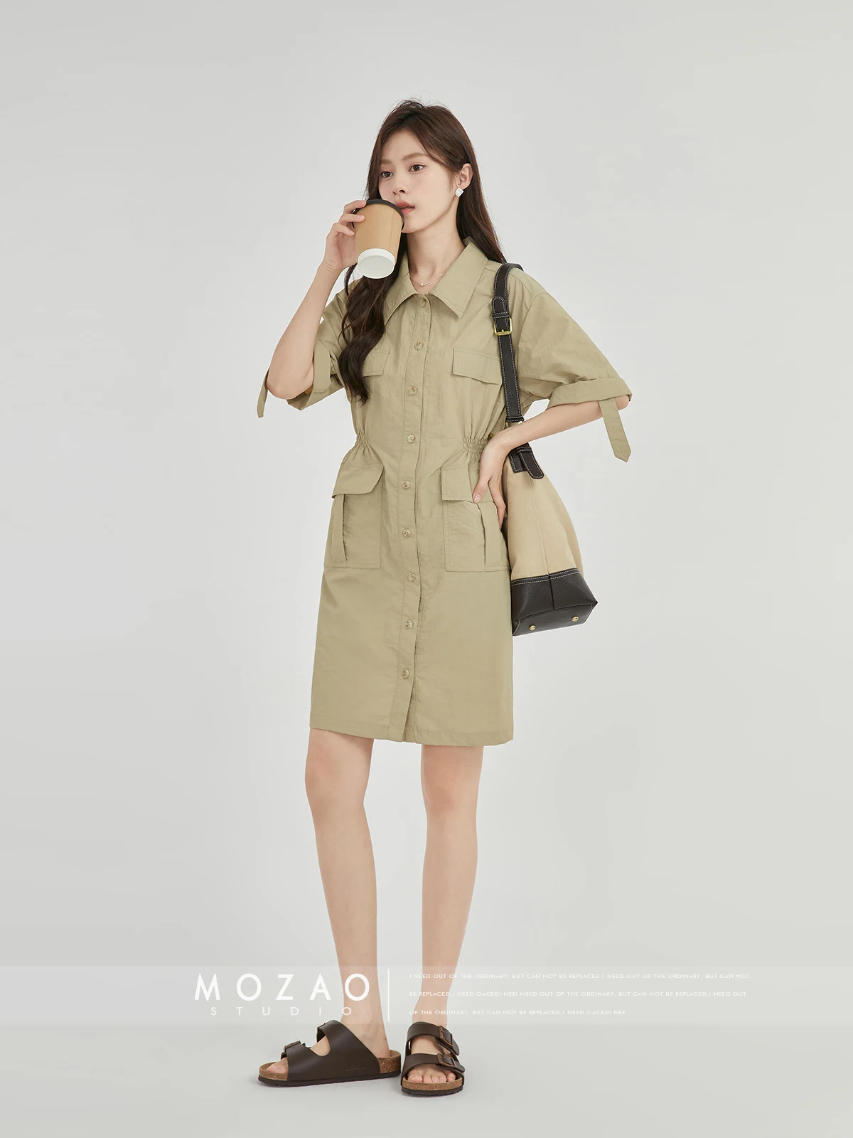 カーキ色のウエスト工房風ワンピース：自分に合う服選びのための夏用A字デザインガイド