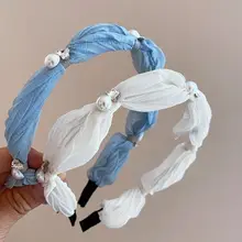 夏用の清新で柔らかな水钻パール付きツイストヘアバンド【細身デザイン・ファッションアイテム】