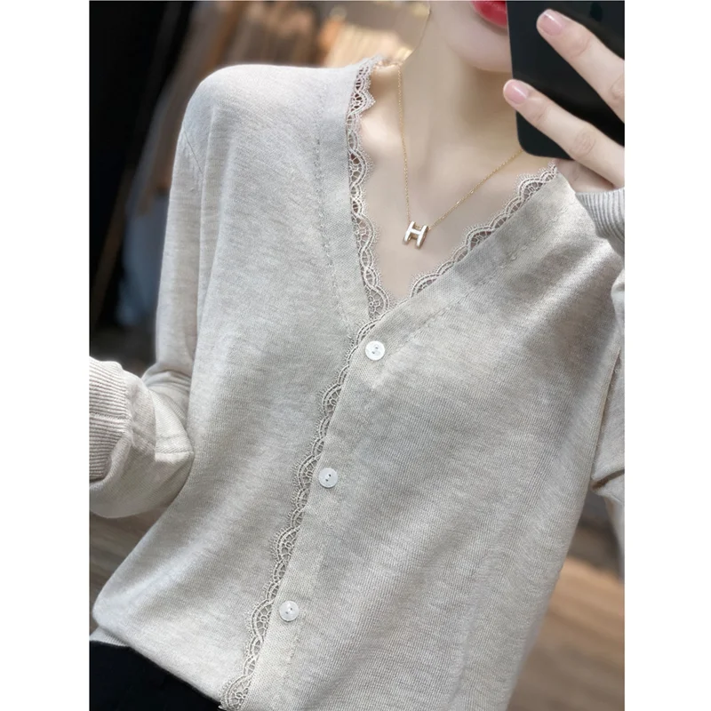 フィット Vネック透かし編み長袖カーディガン【軽量・レディース】（セットアップ対応）