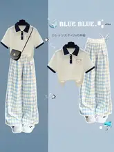 学院風 夏用 レディース 半袖ポロシャツ【チェック柄・ルーズフィット】とワイドパンツ（セットアップ対応）