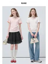 レディース 大きいサイズ VネックウエストマークTシャツ【春用・短袖・体型カバー】