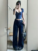 アメリカンビンテージ風 ダークブルー ストレートデニムパンツ【レディース・秋冬・ワイドレッグ】