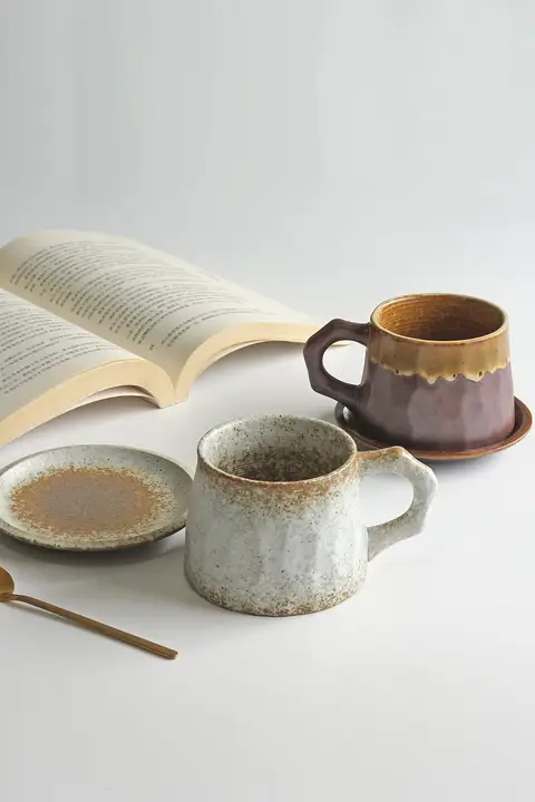 日本風コーヒーカップ＆ソーサー【レトロ・粗陶製・ハンドメイド】（セットアップ対応）