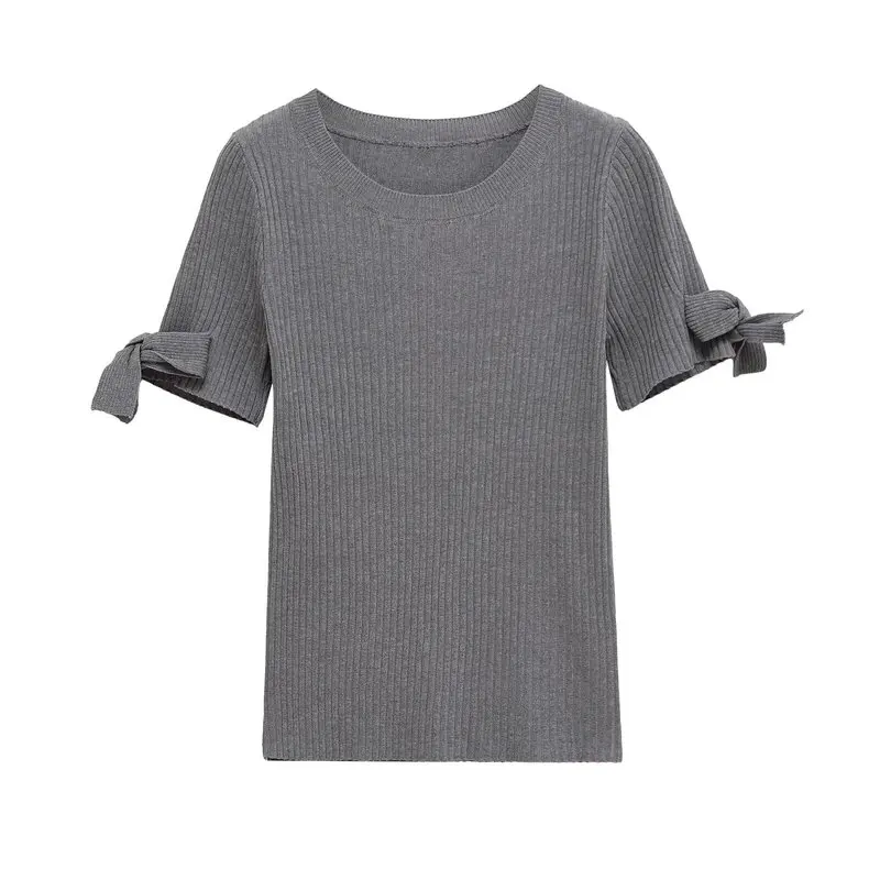 蝶々結び装飾の畦編みクルーネック半袖ニット：秋用女性向けのカギ針編み服の実用性とデザイン特性