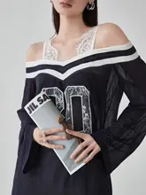 長袖トップス レディース ネイビー レース パッチワーク カットワーク シースルー ルーズ 薄手 スポーツテイスト UVカット 紫外線対策