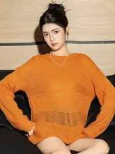 透かし編みのラウンドネック長袖ニットトップス【イエロー・秋用・フィット】