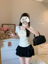 リボン付き 大きな襟のレースデザイン半袖Tシャツ【春夏用・ドット柄・女性用】