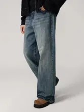 KGK メンズヴィンテージ風ウォッシュデニムパンツ【ルーズフィット・ストレート・ロング】