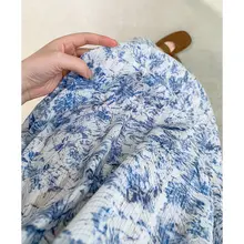 青磁花柄デザインのランタン袖五分袖ワンピース【ルーズフィット・ナチュラルスタイル】