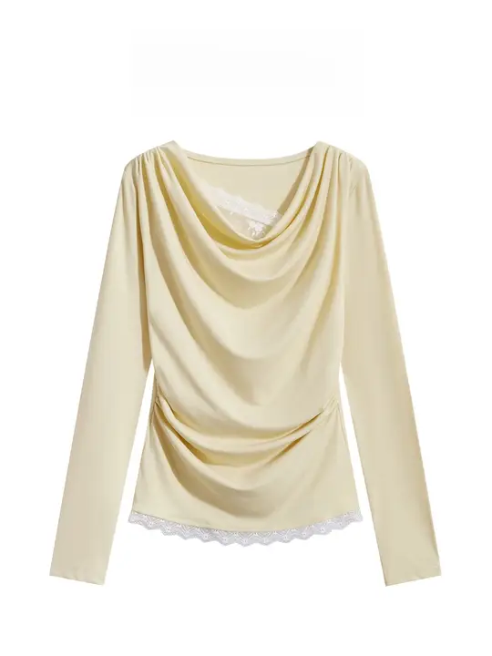 個性的なデザインのレディースTシャツ【フリル襟・レース切替・タイトフィット】