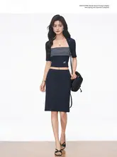 ストライプ柄のドッキングニットトップス【中袖・半袖・スカート付き】（セットアップ対応）