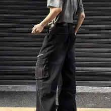 アメリカンヴィンテージ風ジップ多ポケットカーゴデニムパンツ【ユニセックス・ワイドレッグ】（セットアップ対応）