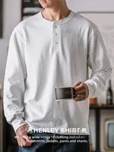 インディゴ 美式レトロ コットンヘンリーネック長袖Tシャツ【メンズ・春用】