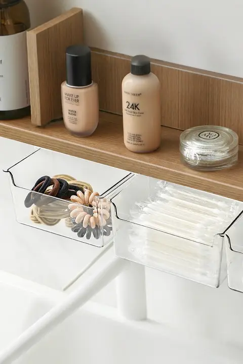 洗面所用 透明プラスチック収納ボックス【引き出しタイプ・綿棒や小物収納可・壁掛け式】