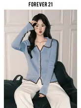 ブルーカラーの翻領長袖ニットカーディガン【女性用・オシャレで異なる色合い】