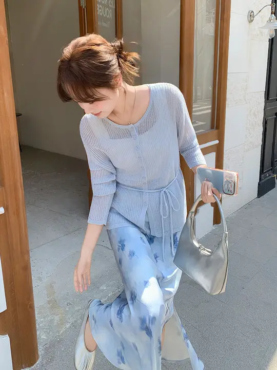 ニットトップス スカート 2点セット レディース 水色 花柄 ロマンティック リゾート 春秋