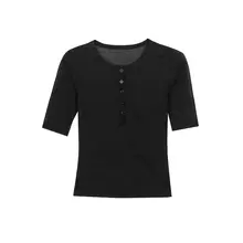 夏用 薄手Vネック五分袖Tシャツ【女性用・ボタンデザイン・タイトフィット】