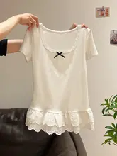 レースフリルデザインの短袖Tシャツ【リボン付き・夏用・  女性用】