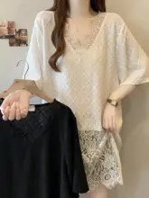 大きいサイズのVネックレース切替ゆったりTシャツ【半袖・体型カバー・カジュアル】（セットアップ対応）