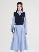 ストライプデザインのシャツワンピース【フレンチスタイル・ウエストシェイプ・ロング丈】（セットアップ対応）