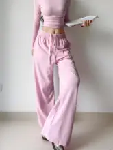 ドローストリング付きウエストゴムのワイドレッグパンツ【スポーツ・・オシャレ】（セットアップ対応）