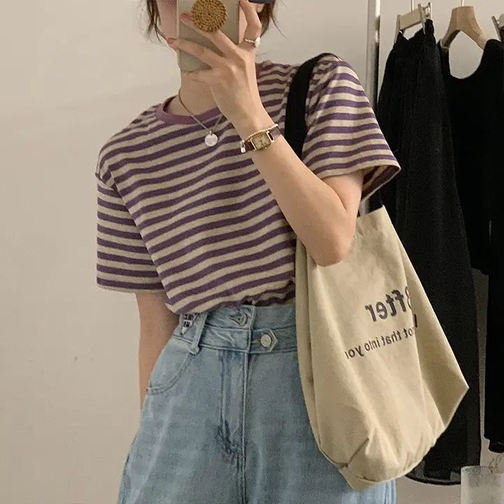 ストライプ柄Tシャツ【春夏用・ルーズフィット・パープル・半袖】