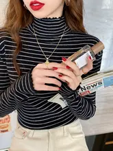 ストライプ柄ニットトップス【ハイネック・フリルデザイン・秋冬用】