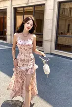 セクシーな胸パッド付きフィッシュボーンキャミソールワンピース【夏用・タイト・ビーチリゾート・フラワープリント】