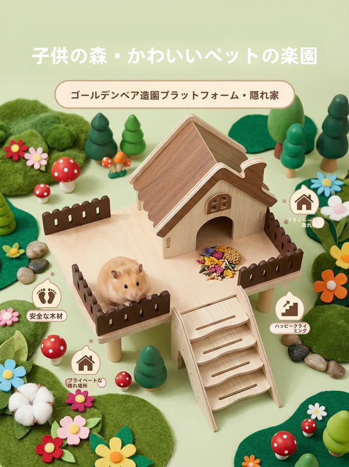 二段階のハムスターハウス【梯子付き・木製装飾】