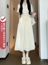 白色コットンPolo衿長袖ワンピース【ウエストシェイプ・夏用・カジュアルデザイン】（セットアップ対応）