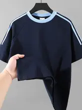 海軍ブルーの半袖Tシャツ【デザイン感あるラウンドネック・衿部分異素材】