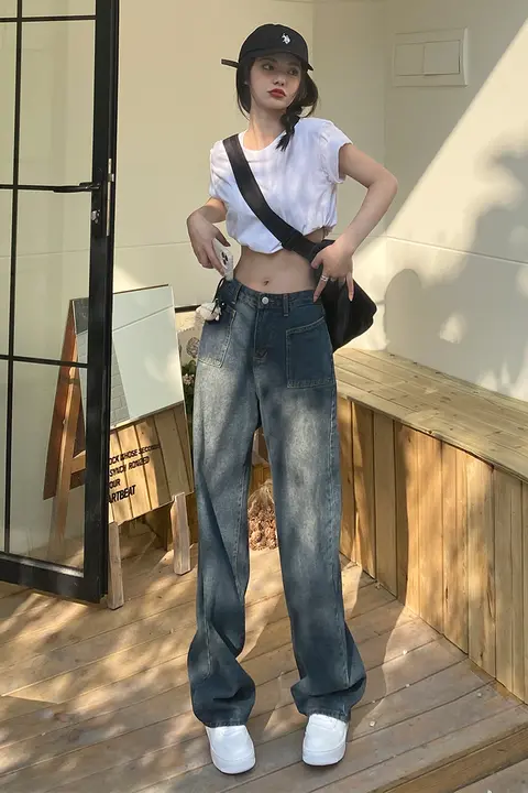 ハイウエストワイドレッグデニムパンツ【アメリカンビンテージ風・女性用・スリムシルエット】